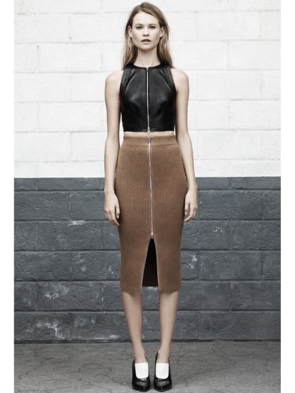 T by Alexander Wang Spring 14 Khaki Ribbed Knit 2 Way Zip Midi Pencil Skirt Sz S